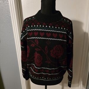 Adele Knit Vintage Black And Red Rose Pullover Sweater Size M